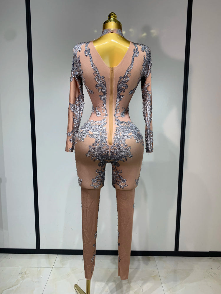 Sparkly Rhinestones Jumpsuit Fashion Sexy Stretch Dance Costume Nightclub Bodysuit Birthday Outfit Evening Party Leggings