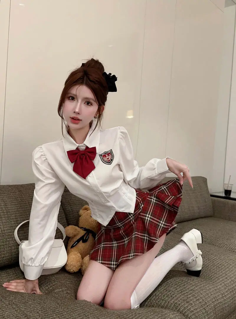 2025 improved cute sexy korea jk suit women autumn jk school uniform women shirt plaid pleated half skirt fashion two-piece set