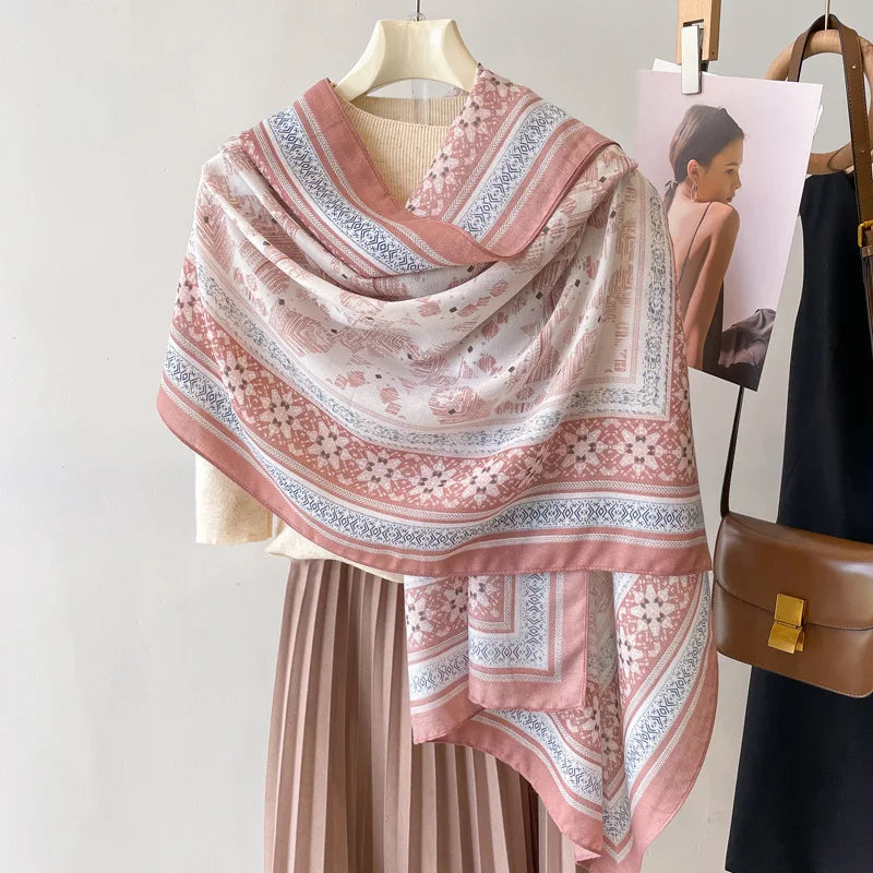 Sun Protection Silk Scarf Women's Retro Ethnic Style Cotton Linen Beach Holiday Wrap Shawl Outerwear Geometric Print Korean S...