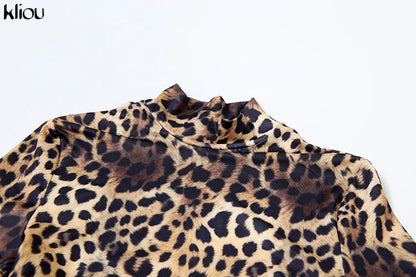 kliou Sexy Printed Women Jumpsuits Fashion New Back Hollow Full Sleeve Stand Collar Slim Overalls Female Midnight Party Clubwear