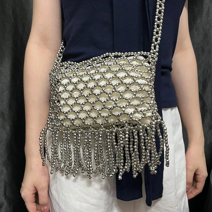 New European and American retro tassel handmade bead woven bag, niche, simple, versatile, single shoulder crossbody bag