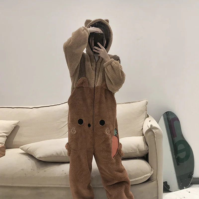Flannel Anime Onesie Adults Animal Pijama Pajamas Set Women Men Cosplay Halloween Cartoon Pyjama Adults Winter Bear Sleepwear