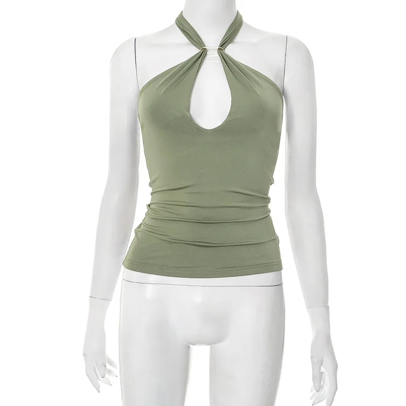 Women'S Solid Color Hanging Neck Tie Hollow Out Metal Ring Strapless Backless Tank Top Summer New Fashion Street Tank
