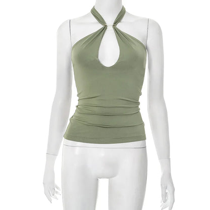 Women'S Solid Color Hanging Neck Tie Hollow Out Metal Ring Strapless Backless Tank Top Summer New Fashion Street Tank