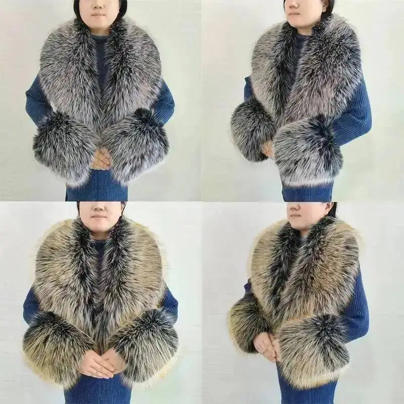 Large Women Faux Fox Fur Scarf Winter Jackets Warm Fluffy Shawl Fashion Artificial Fur Collar And Cuff Set Fluffy Scarves Female