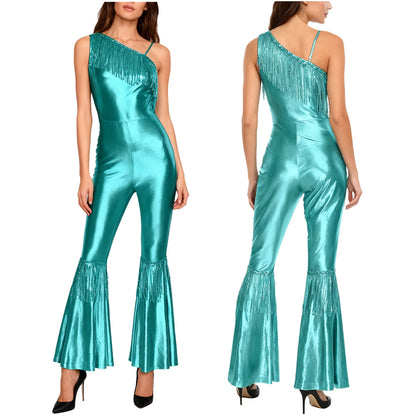 Women Shiny Metallic Jazz Disco Dance Jumpsuit 70s 80s Hippie Costume Sequin Tassels One Shoulder Bell Bottom Bodysuit Rompers