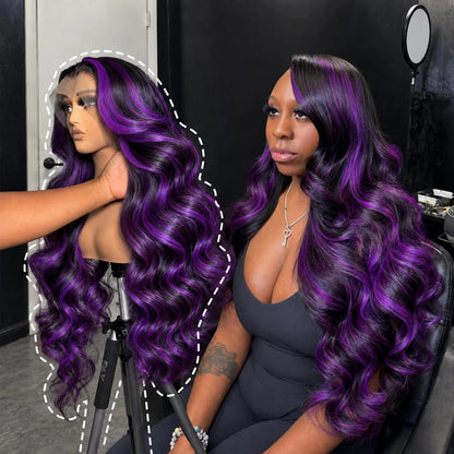220% Density Ombre Purple Highlight Body Wave 13x6 HD Lace Front Wig Human Hair Waves Dark Purple 13x4 Lace Frontal Wigs For Women