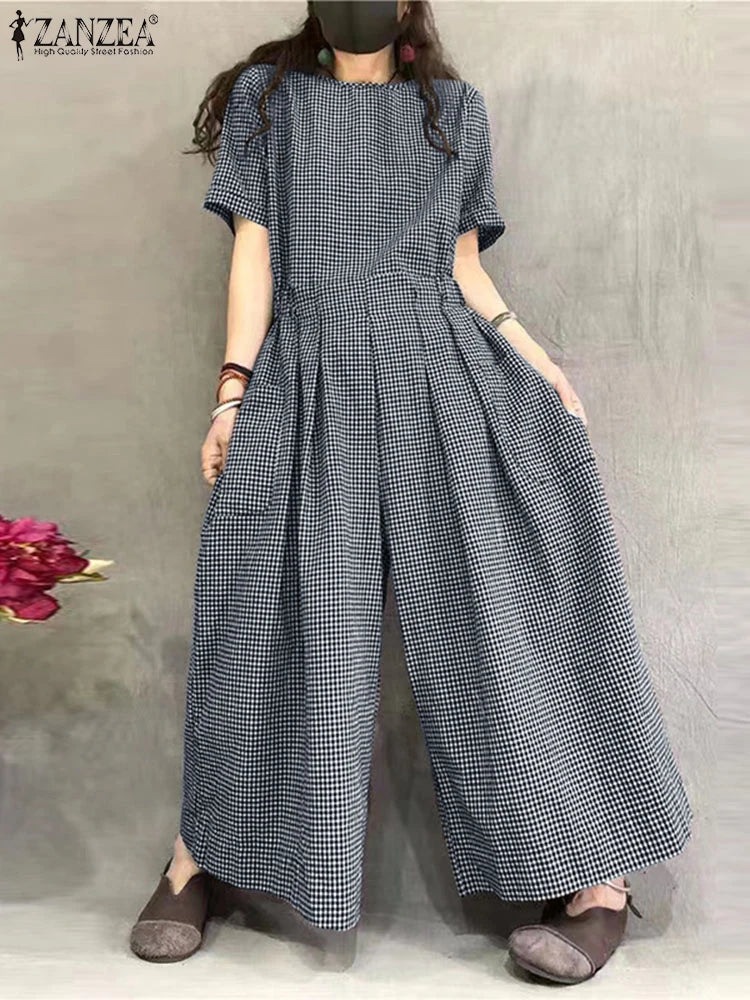ZANZEA Short Sleeve Checked Wide Leg Overalls Pleated Waist O Neck Loose Casual Gingham Jumpsuits 2024 Fashion Women Long Romper