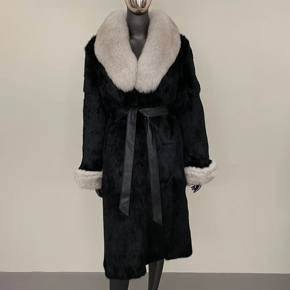 2024 New Autumn Winter Thickened Fur Coat for Women Rabbit Fur One-piece Long Style Real Fox Fur Collar Fashion Warm Coat Women