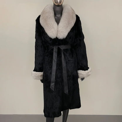 2024 New Autumn Winter Thickened Fur Coat for Women Rabbit Fur One-piece Long Style Real Fox Fur Collar Fashion Warm Coat Women