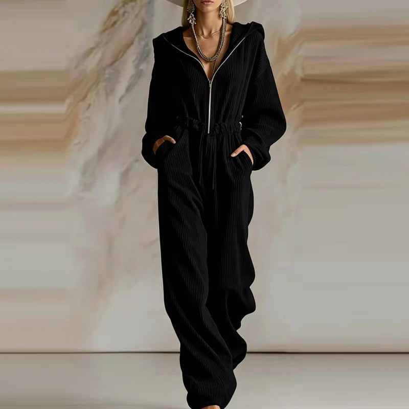 Elegant Ribbed Hooded Playsuit Overalls Women Fashion Zipper Hight Waist Long Jumpsuits Casual Long Sleeve Pocket Party Rompers