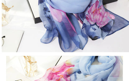 Ink Painting Lotus Summer Beach Sun Protection Chiffon Georgette Scarf Women Foulard Shawl Bandana Elegant Thin Breathable