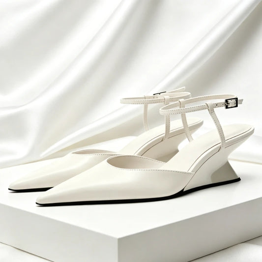 Luxury Brand Women's Pointed Toe Wedge Sandals Summer New Shallow One-word Buckle Designer Shoes Fashion Slingback Mules Shoes