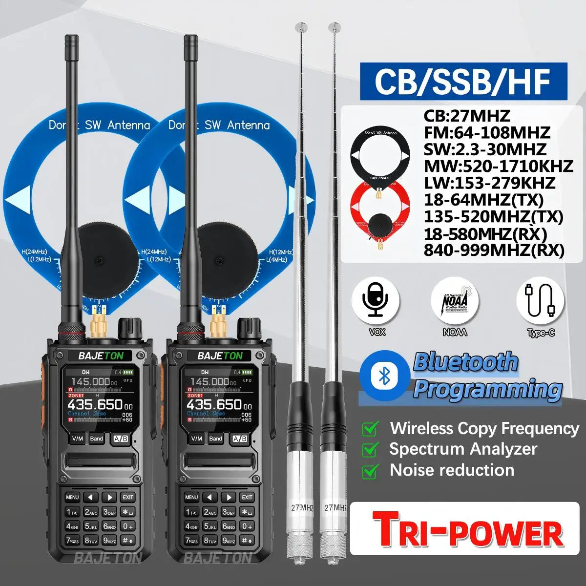 2PCS BAJETON BJ-7800 Walkie Talkie NOAA Long Range SW MW LW AM SSB CB Receive Wireless Bluetooth Phone Programming Two Way Radio