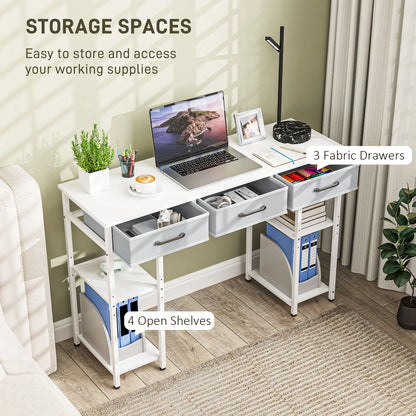 47" Computer Desk with 3 Fabric Drawers, Home Office Desk with Adjustable Shelves, Small Writing Desk with Storage, White