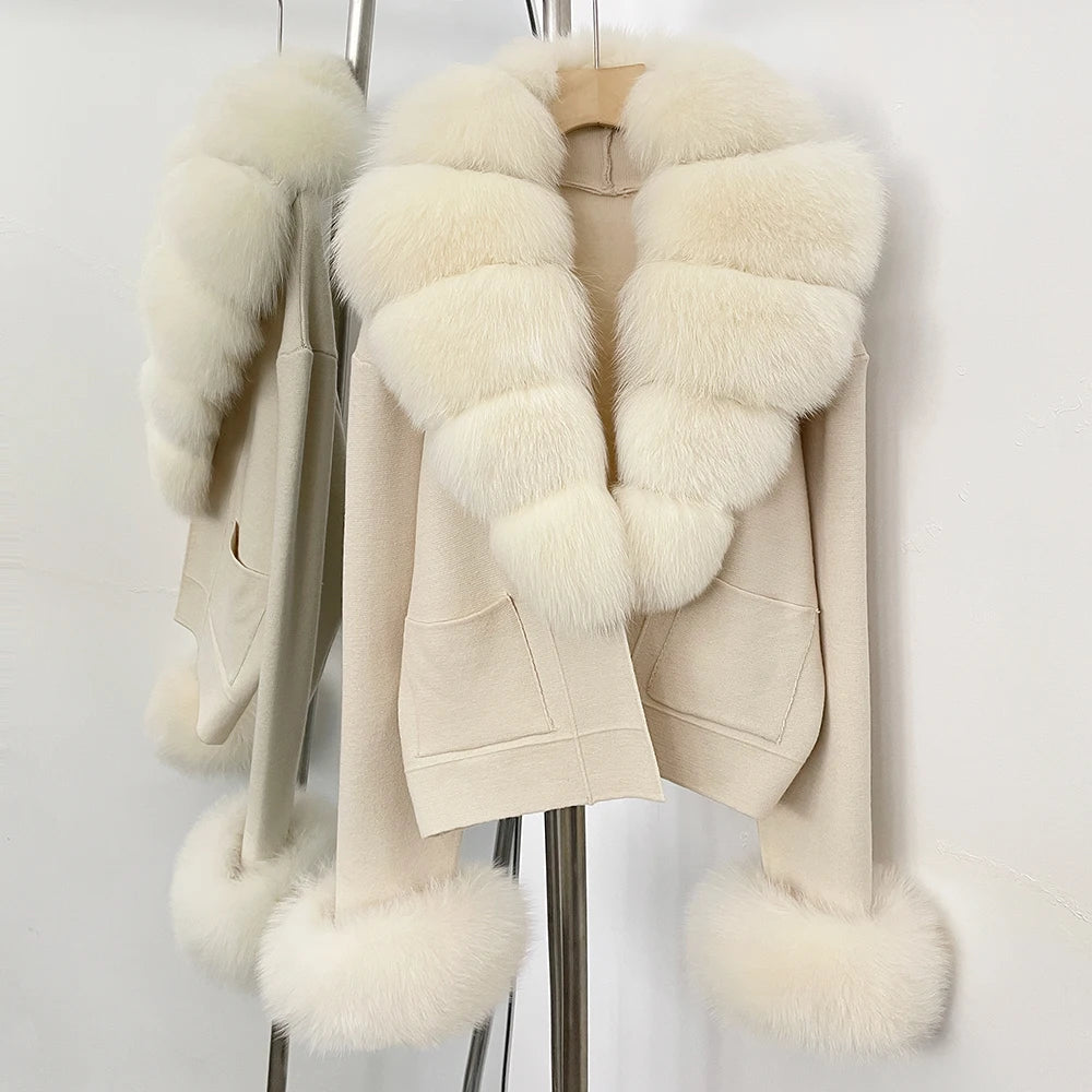 OFTBUY Loose Fit Warm Winter Fashion Lady Outerwear Sweater Female 2025 New Women's Knit Cardigan with Large Real Fox Fur Collar