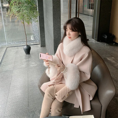 Real Fox Fur Overcoat Bat Sleeves Collar Woolen Coat Luxury Cashmere Poncho Blend Women Autumn Winter New Long Ribbon Cloak