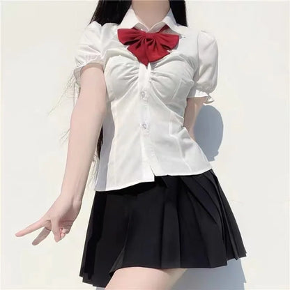 Summer Girls College Style Uniform Suit White Puff-Sleeve Shirt with Bow Slim Waist Skirt Set Women's Short-Sleeve Top And Skirt