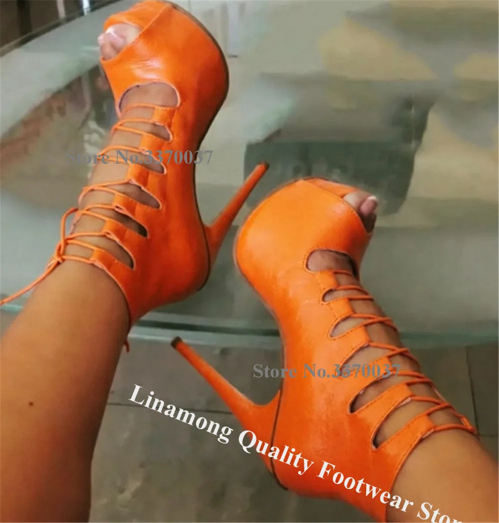 Linamong White Matte Leather Stiletto Heel Straps Cross Sandals Peep Toe Lace-up High Platform Thin Heel Party Heels