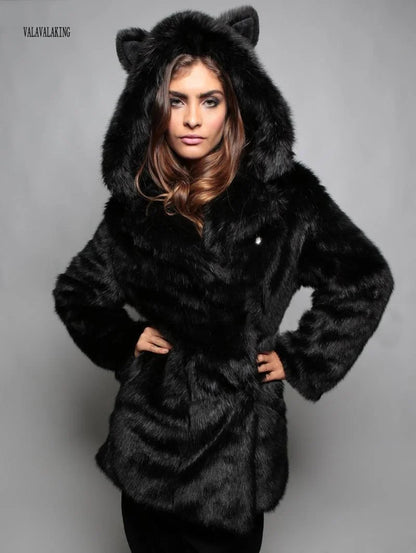 2026 Women Winter Furry Small Size Faux Fur Coat Female Hooded Long Sleeve Plush Jacket Lady Thick Fake Fur Warm Fluffy Outwear