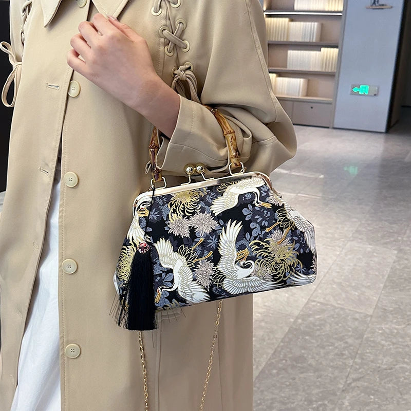 Designer Bamboo Handle Handbag Retro Embroidery Women Evening Bag High-end Nylon Crossbody Bag Luxury Lady Shoulder Bags Satchel