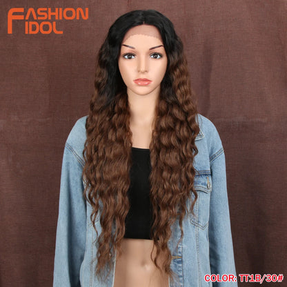 FASHION IDOL 30inch/75cm Water Wave Lace Wigs Synthetic Curly Lace Front Wigs Cosplay Ombre Blonde Hair Wigs For Black Women
