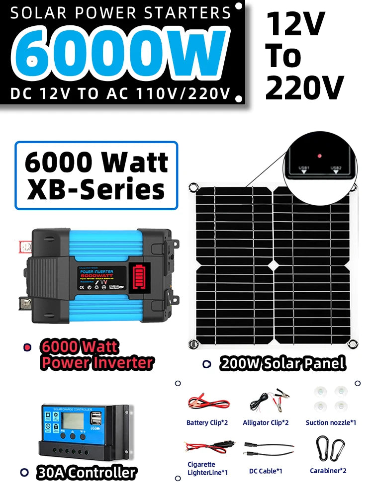 Complete Off-Grid 6000W Solar Power Kit+200W Foldable Solar Panel - Portable Power Station for Home Backup, RV Camping Car
