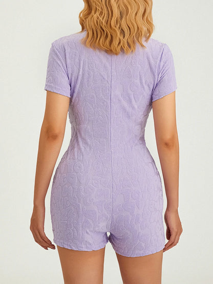 Women Y2K Furry Letter Pattern Button Front Romper Jumpsuit Casual Collared Short Sleeve Bodycon Romper Jumpsuit Pjs Sleepwear