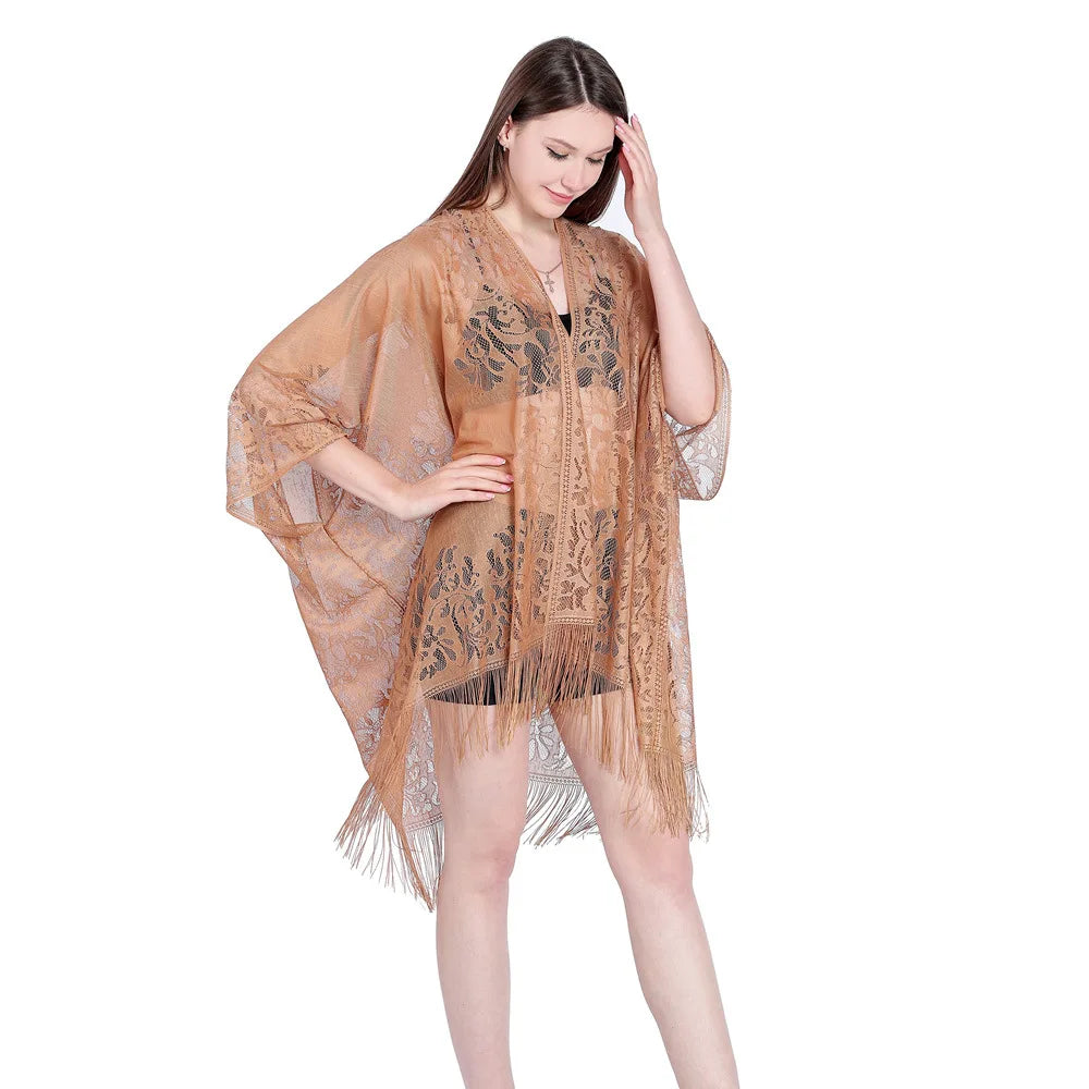Women Sun Protection Shawl Lady Summer Hollow Out Lace Cardigan Holiday Bikini Blouse Breathable Beach Cape Sexy Long Tippet