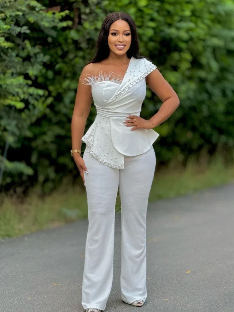Women Jumpsuit One Shoulder Feather Diamond Peplum Party Fashion Female One Piece African Event Occasion Rompers New Summer 2024