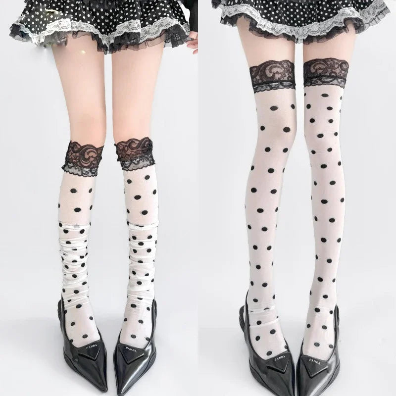 Lace Trim High Waist Polka Dot Sexy Long Tube Socks Over Knee Length Nylon Breathable Versatile Solid Color Long Tube Stockings