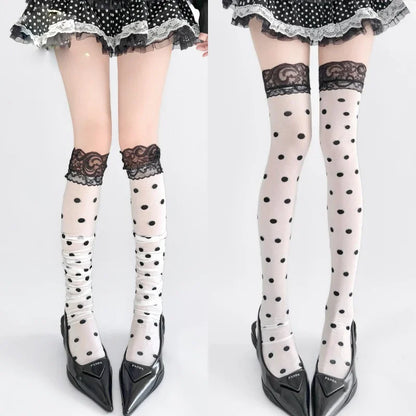Lace Trim High Waist Polka Dot Sexy Long Tube Socks Over Knee Length Nylon Breathable Versatile Solid Color Long Tube Stockings