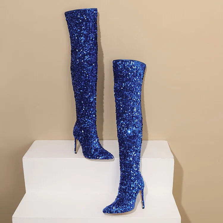 Over-the-Knee Boots for Women Pink Sequins Point Toe Boots Thin High-heeled Purple Thigh Long Boots Sexy Zip Heels Stiletto Shoe
