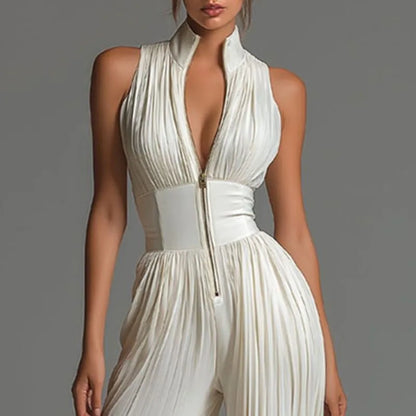Women Elegant Chiffon Sleeveless Jumpsuit High Waist Pleated Flowy Wide Leg One Piece Overalls Holiday Casual Streetwear Rompers