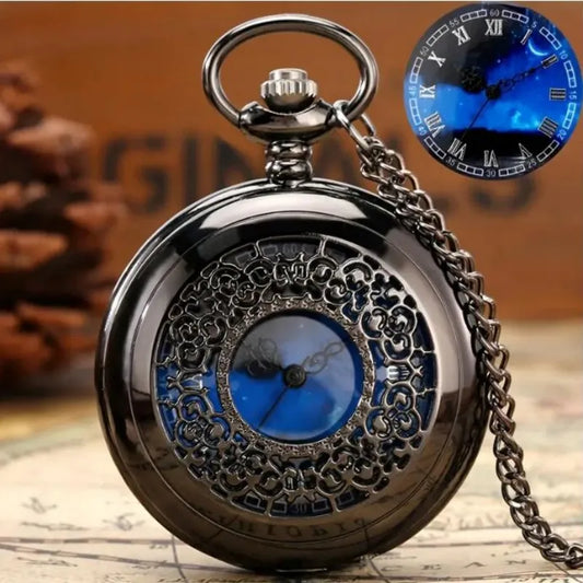Exquisite Starry Blue Dial Pendant Black and Silver Hollow Quartz Pocket Watch Roman Numerals Gift Watch for Female Male and Kid