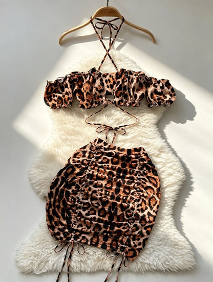 Leopard Print Suits Sexy Women Off the Shoulder Backless Crop Tops+Mini Skirts Sets Halter Drawstring Elastic Hotsweet Club Slim