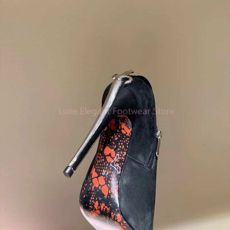 Black Suede Sword Shaped Pointed Stiletto Pumps Women Sliver Decor Side Zipper Shallow Ankle Boots Sexy Fashion Party Dress Shoe