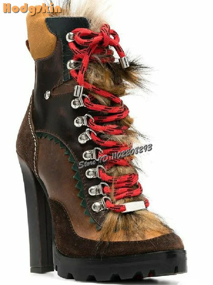 Retro Faux Fur Ankle Boots Pointed Toe Patchwork Cross-tied High Heels Short Boots 2025 Autumn New Women's Fashion Casual Shoes