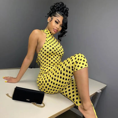 FAGADOER Fashion Color Dot Printing Bodycon Jumpsuits Woman Halter Sleeveless Backless Rompers Female Streetwear Overalls 2026
