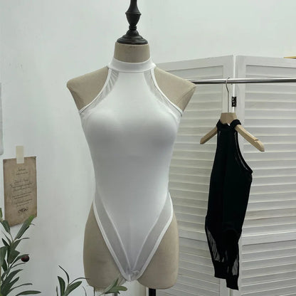 ISAROSE Summer Sexy Bodysuit for Women Stretch Braless Solid Color Back Zipper Sleeveless Basic Design Slim Halter Jumpsuit