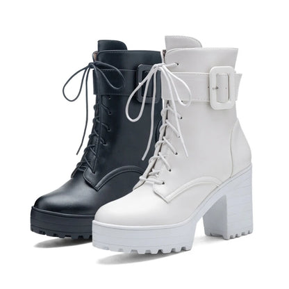 SIMLOVEYO Mortorcycle Ankle Boots Buckles Round Toe 9cm Block Heel Lace Up White Black Big Size 42 43 US12 Fashion