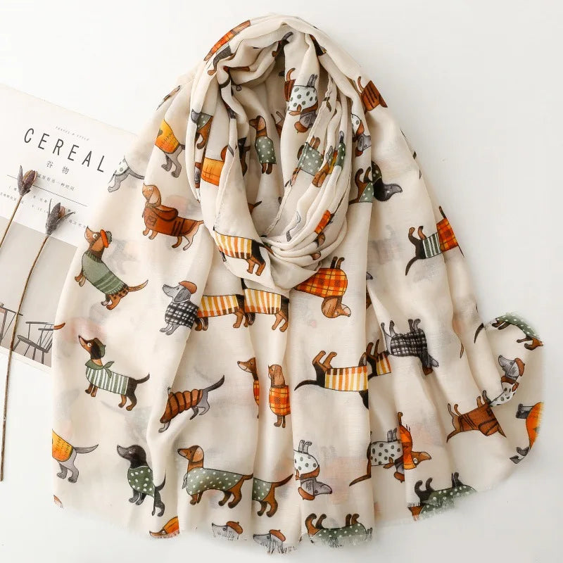 Cozy Dachshund Dog Cat Pattern Viscose Shawl for Women - 180x90Cm Fringe Detail Breathable Thin Wrap Scarves Autumn/Winter Snood