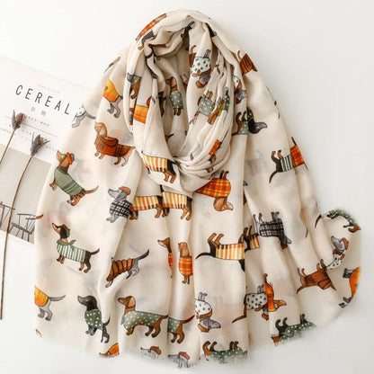Cozy Dachshund Dog Cat Pattern Viscose Shawl for Women - 180x90Cm Fringe Detail Breathable Thin Wrap Scarves Autumn/Winter Snood