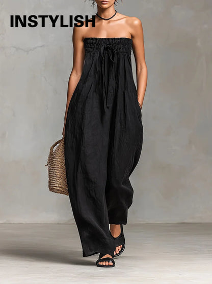 Women Strapless Wide Leg Jumpsuit Casual Cotton Linen Tube Top Romper Summer Beach Long Pants with Pockets Vacation Overalls