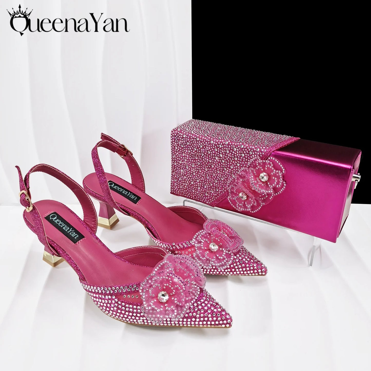 QueenaYan Elegant African-Inspired Evening Shoes and Handmade Clutch Set Pointed Toe High-Heel Women's Footwear and Matching Bag