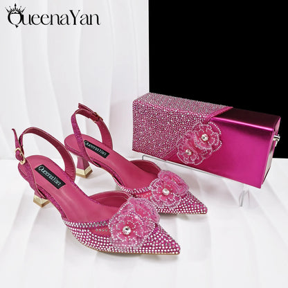 QueenaYan Elegant African-Inspired Evening Shoes and Handmade Clutch Set Pointed Toe High-Heel Women's Footwear and Matching Bag