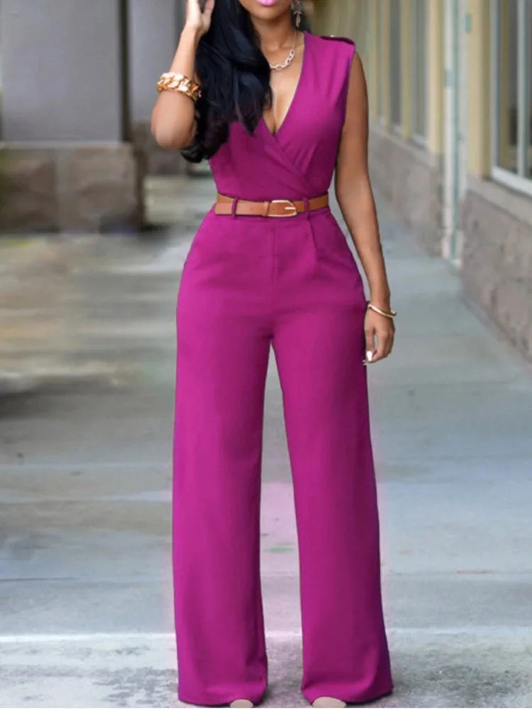 Business Formal Jumpsuit Work Wear Women Romper Elegant Long Deep V Neck Sleeveless High Waist Wrap Jumpsuits Fashion Streetwear