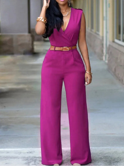 Business Formal Jumpsuit Work Wear Women Romper Elegant Long Deep V Neck Sleeveless High Waist Wrap Jumpsuits Fashion Streetwear