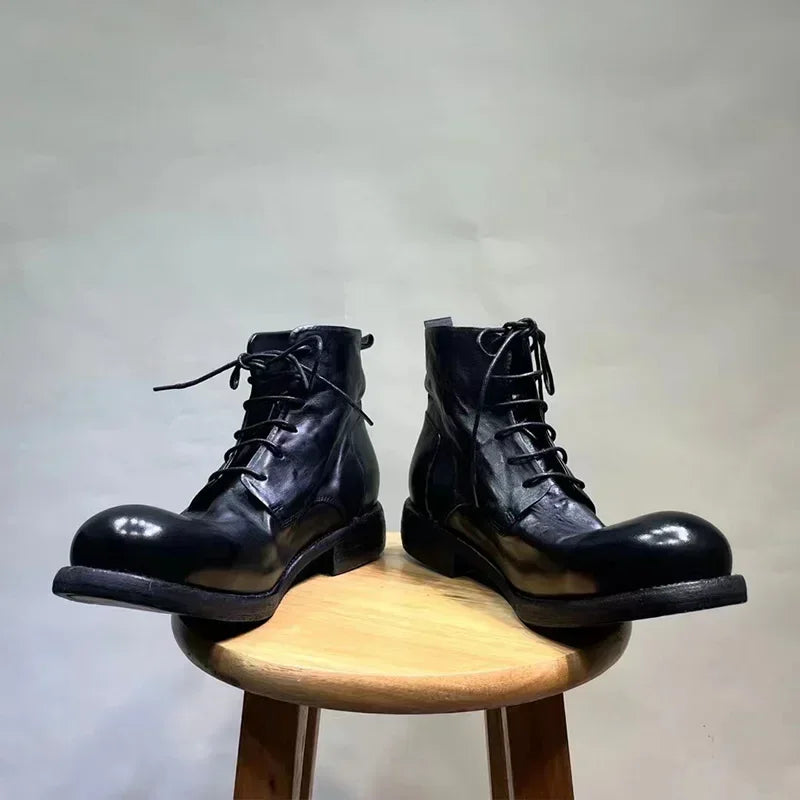 Washed Men's High Top Retro Leather Thick Soled High Rise Short Leather Boots Goodyear- Handmade Horse Leather Shoes Worn