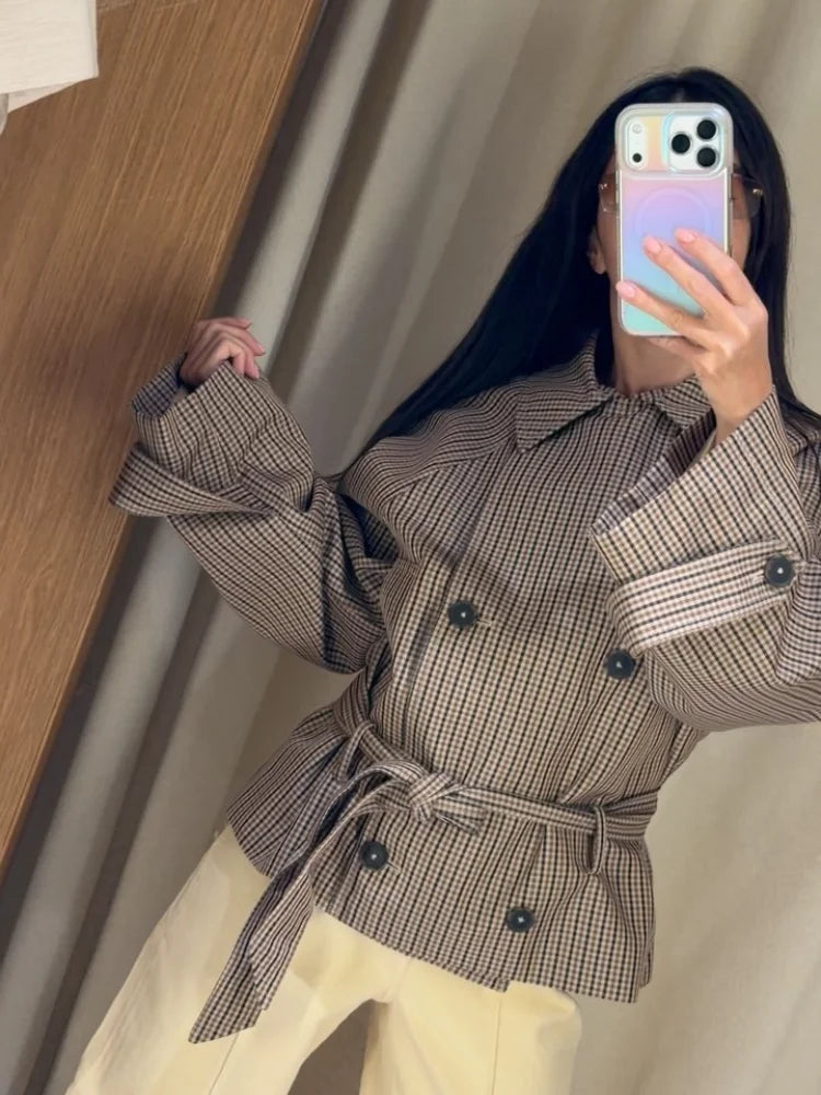 Women Casual Plaid Short Trench Coat Lapel Double Breasted Belted Waist Loose Long Sleeve Checkered Jacket Autumn Windbreaker